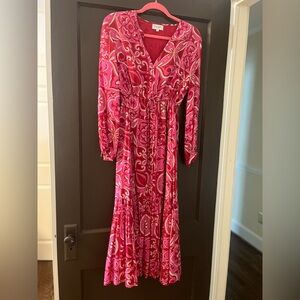 OLIVIA JAMES THE LABEL pink and red tie print ruffled midi dress size small